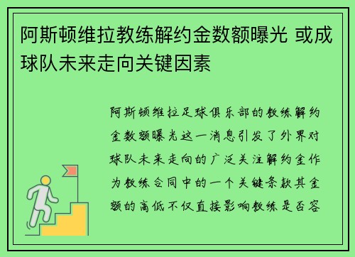 阿斯顿维拉教练解约金数额曝光 或成球队未来走向关键因素